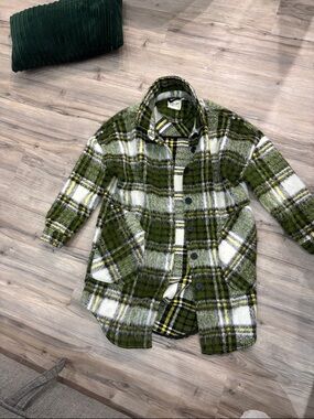 Olive Green Plaid Button-Up Shacket